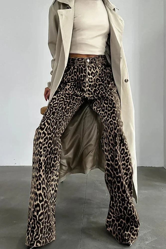 Button Multi Pockets Leopard Print Relaxed Trousers