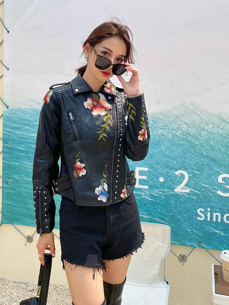 Vintage Leather Jacket with Floral Print