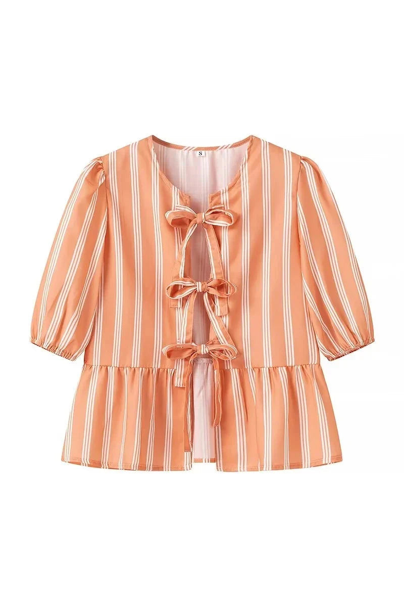 Modern Stripes Puff Sleeve Peplum Bow Ties Blouse