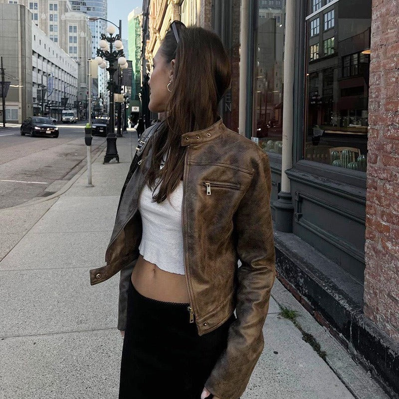 Vintage Faux Leather Jacket with Zip Pockets