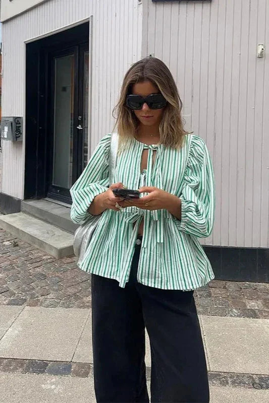 Modern Green Stripes Puff Sleeve Peplum Bow Ties Blouse Short Top