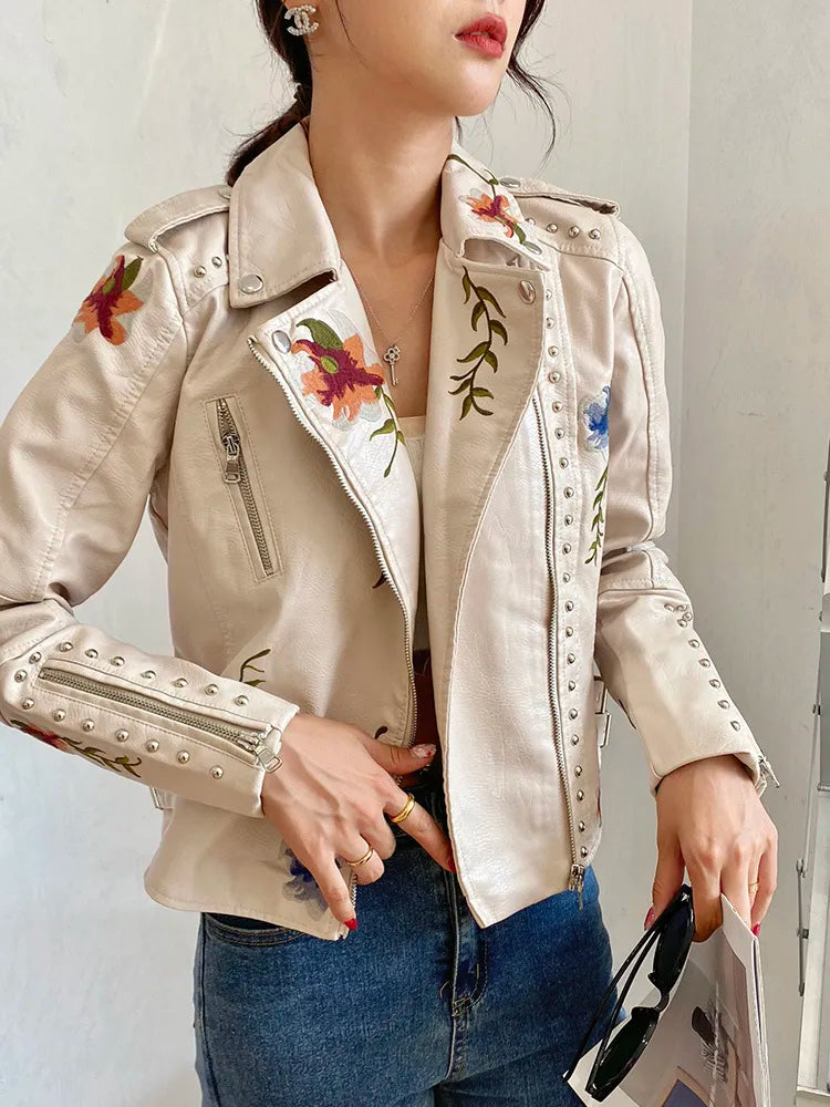 Vintage Leather Jacket with Floral Print