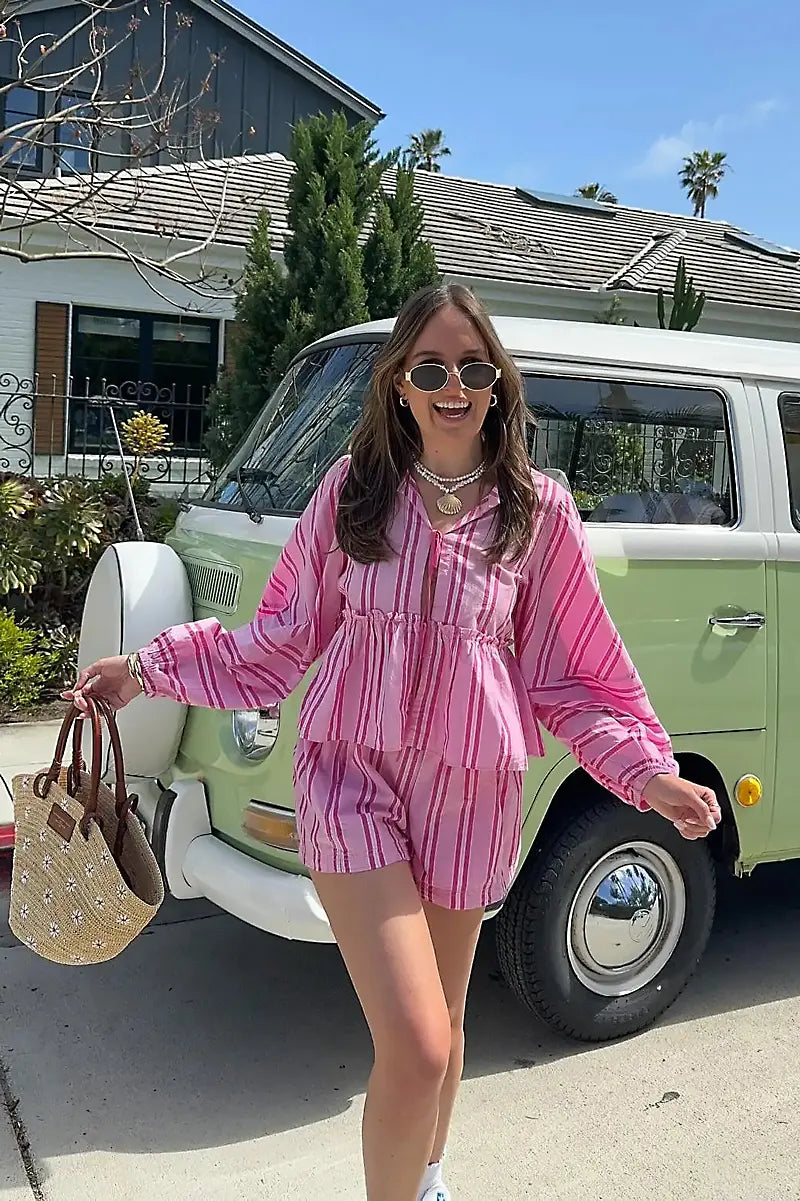 Coordinated Lantern Sleeve Stripe Shirt Shorts Set