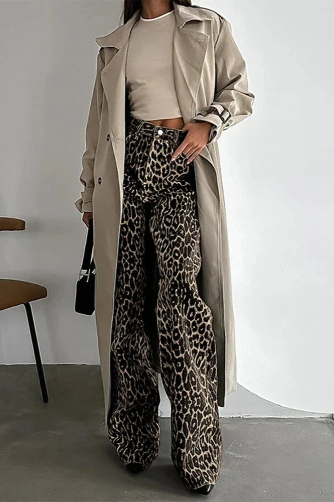 Button Multi Pockets Leopard Print Relaxed Trousers