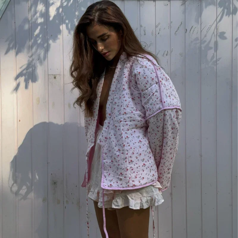 Quilted Jacket with Floral Print, Bow Details and Tie Details