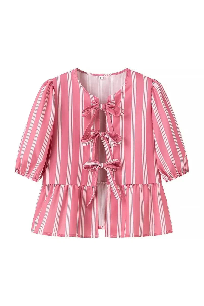 Modern Stripes Puff Sleeve Peplum Bow Ties Blouse
