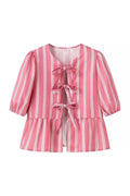 Modern Stripes Puff Sleeve Peplum Bow Ties Blouse