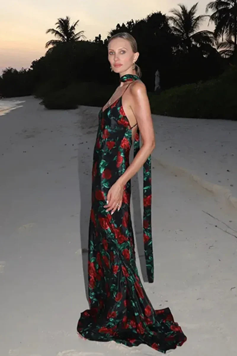 Flower Print Open-Back Maxi-Length Dress