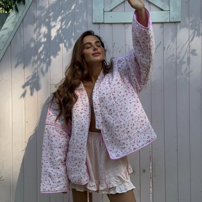 Quilted Jacket with Floral Print, Bow Details and Tie Details