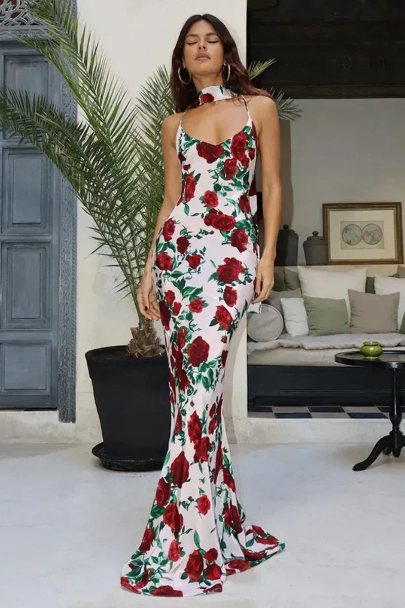 Flower Print Open-Back Maxi-Length Dress