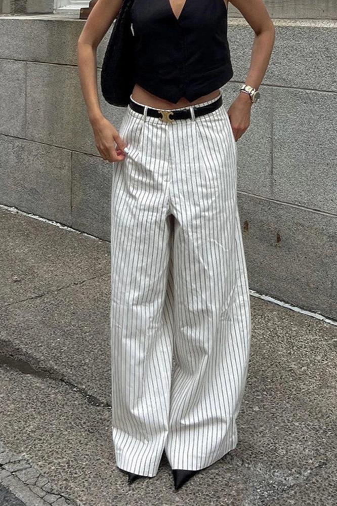 Striped Pockets Wide-Leg Trousers Without Belt