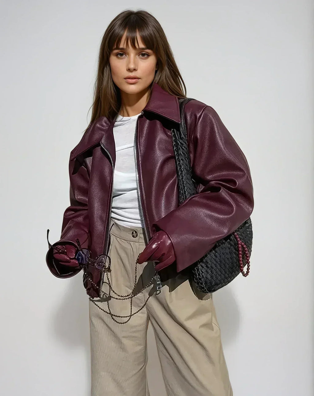 Red Vintage Leather Jacket with a Zipper