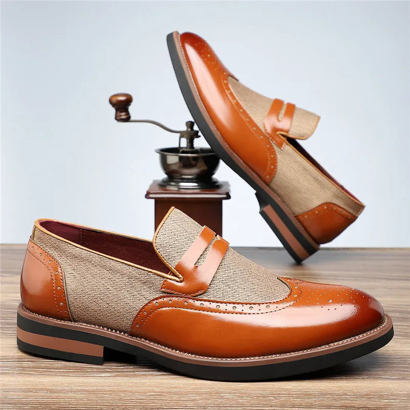 Polished Leather Loafers with Wingtip Brogue Detail