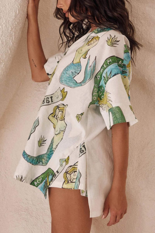 Coordinated Holiday Mermaid Print Loose Shorts Two-Piece Set
