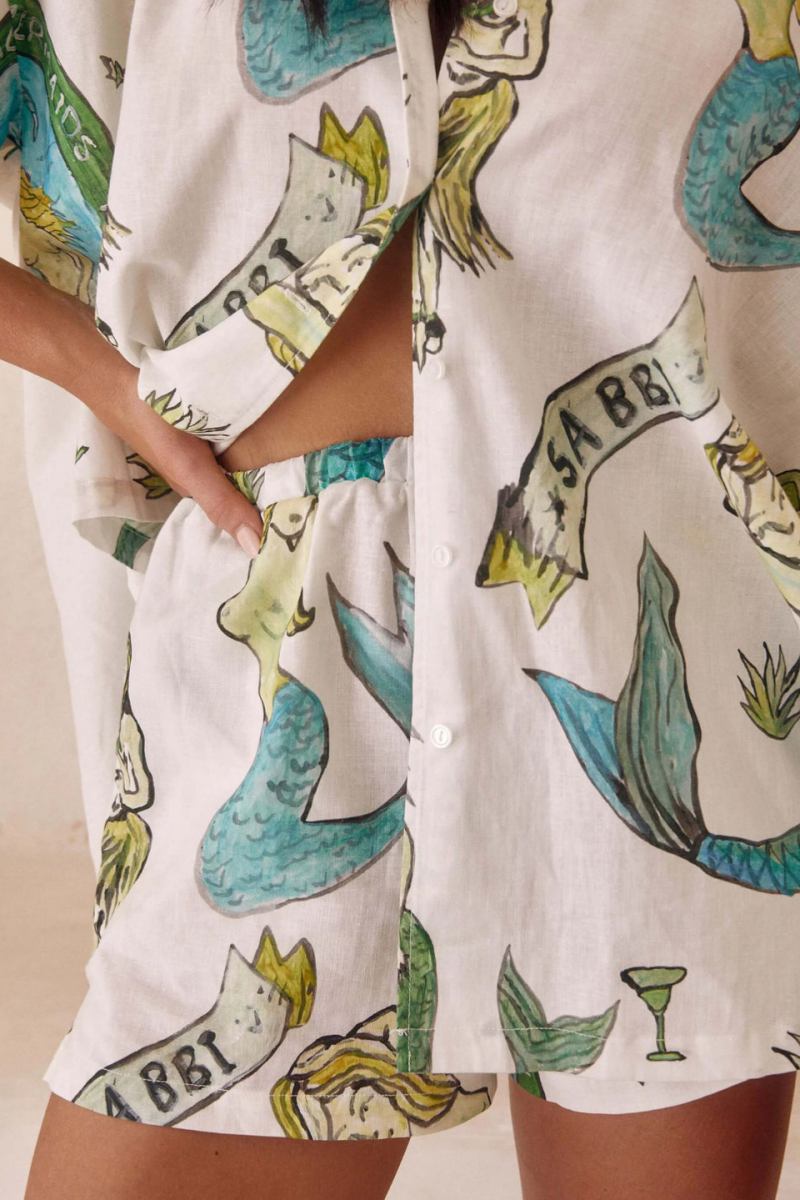 Coordinated Holiday Mermaid Print Loose Shorts Two-Piece Set
