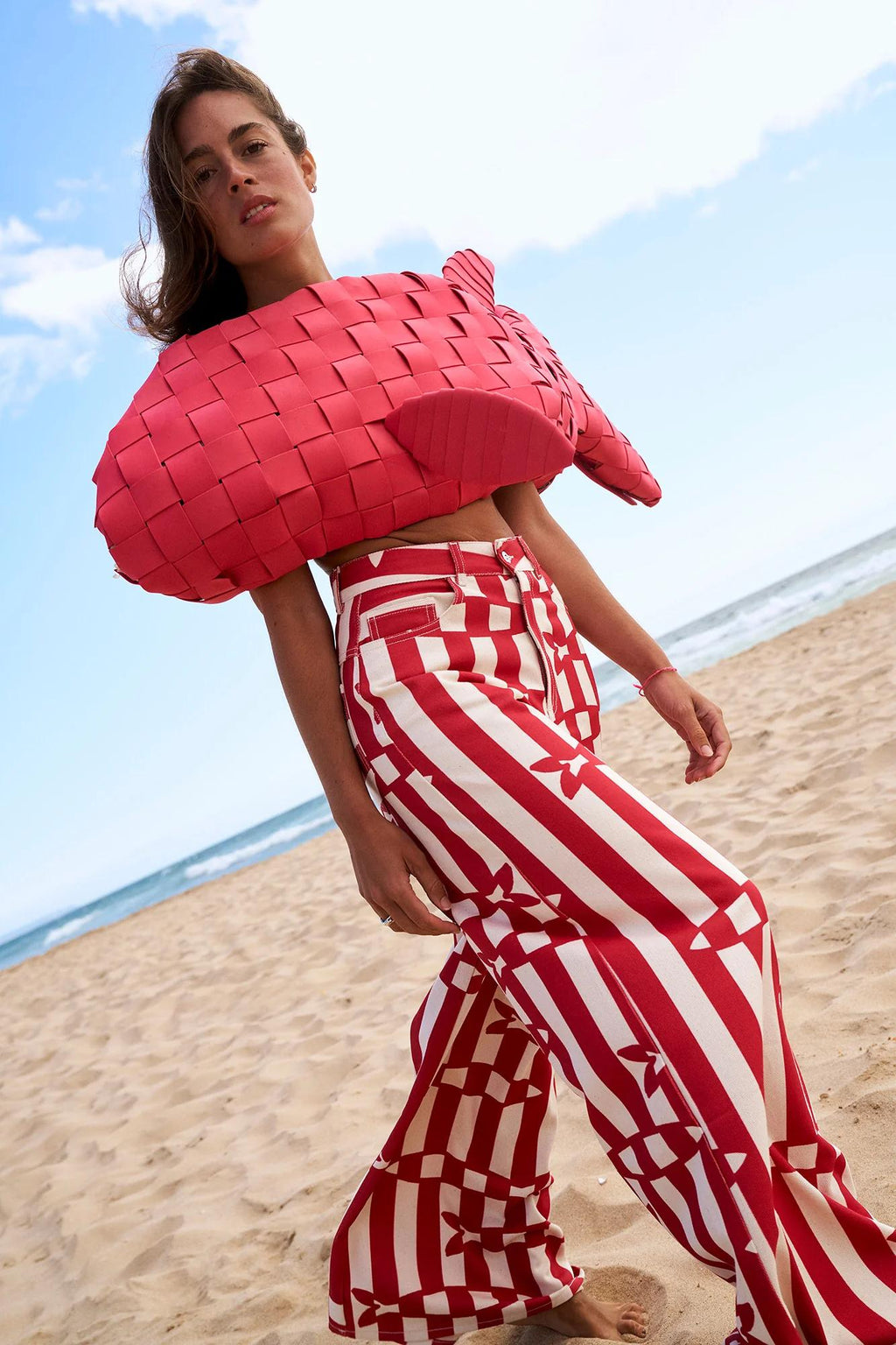 Fish Print Striped Wide-Leg Trousers