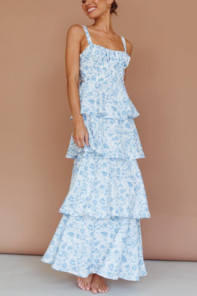 Provence Bloom Tiered Maxi-Length Dress - Flower Blue