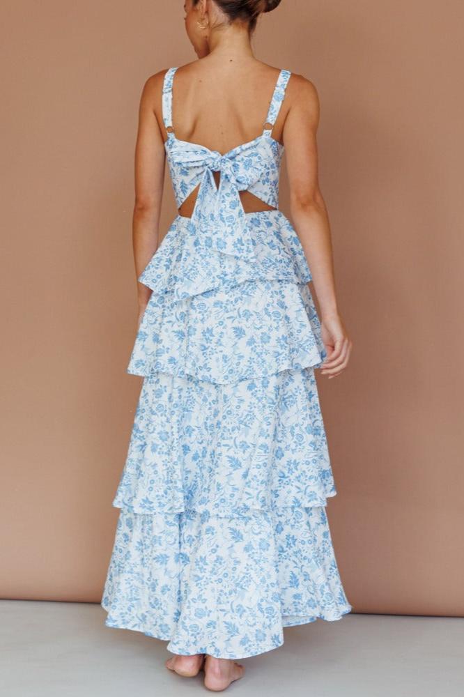 Provence Bloom Tiered Maxi-Length Dress - Flower Blue