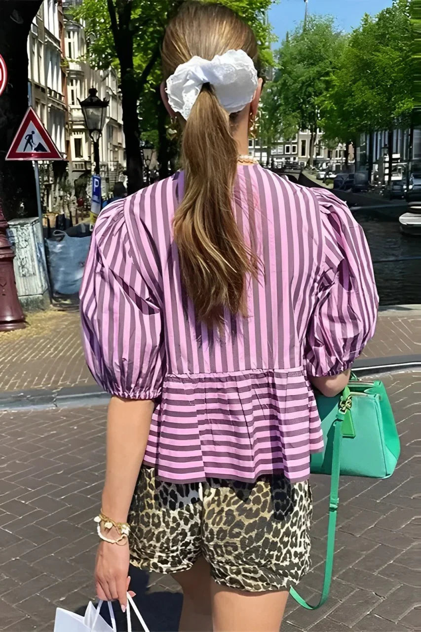 Modern Stripes Puff Sleeve Peplum Bow Ties Blouse Short Top