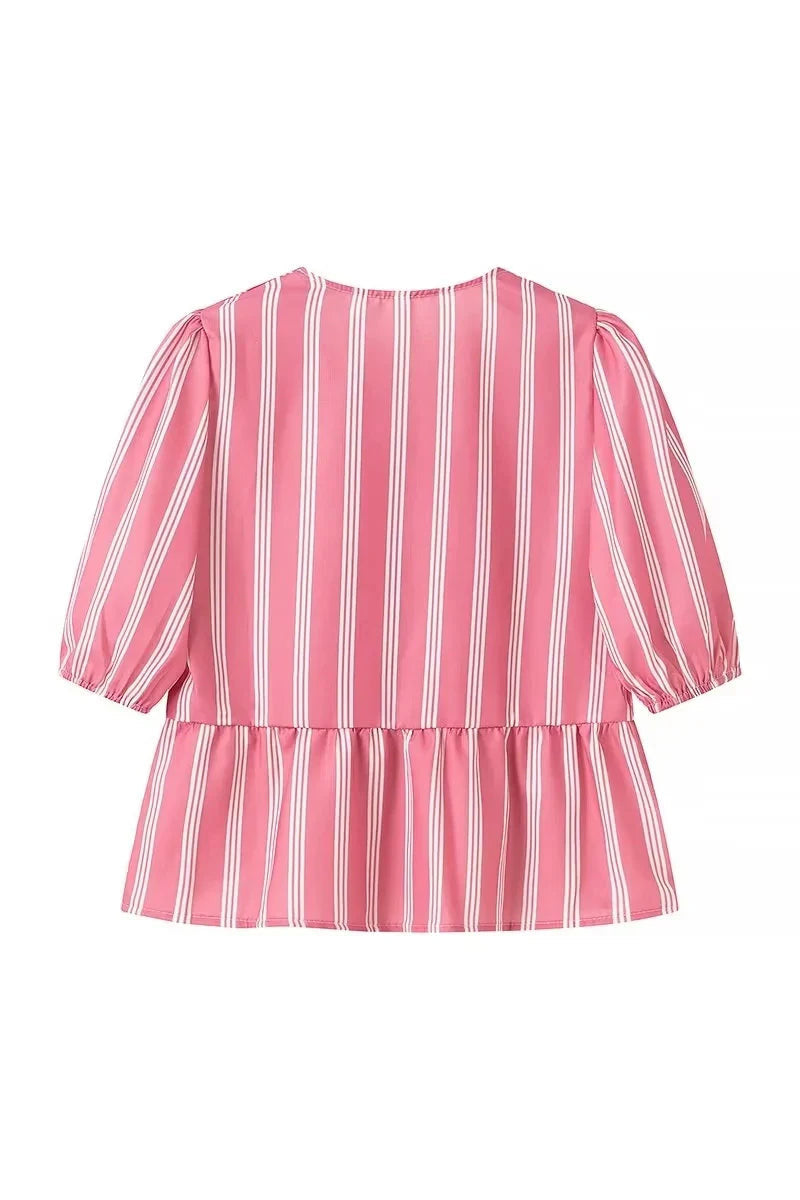 Modern Stripes Puff Sleeve Peplum Bow Ties Blouse