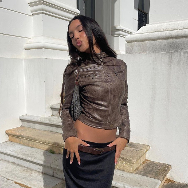 Vintage Faux Leather Jacket with Zip Pockets