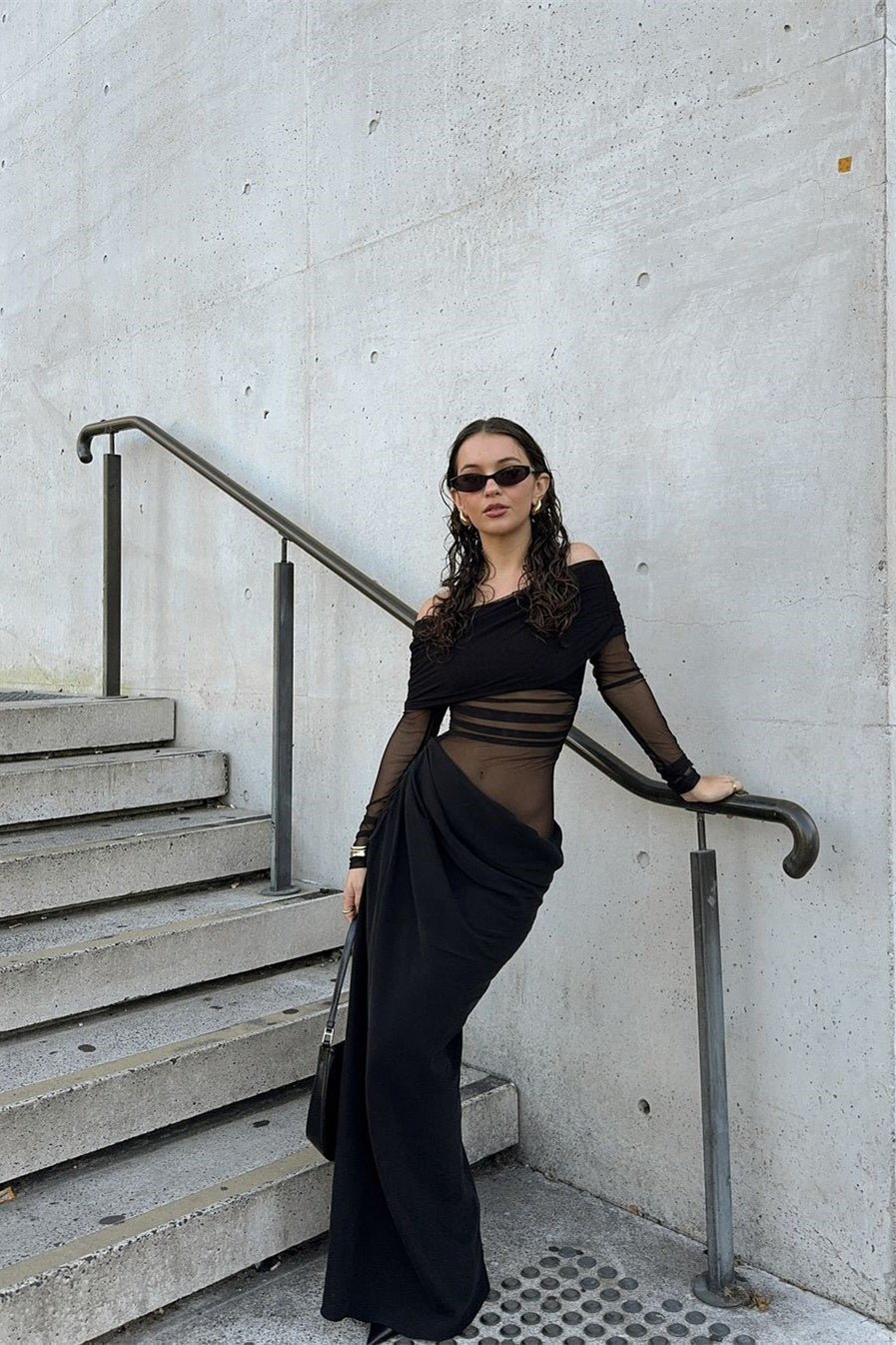 Lillian Off-Shoulder Sheer Maxi Mesh Dress