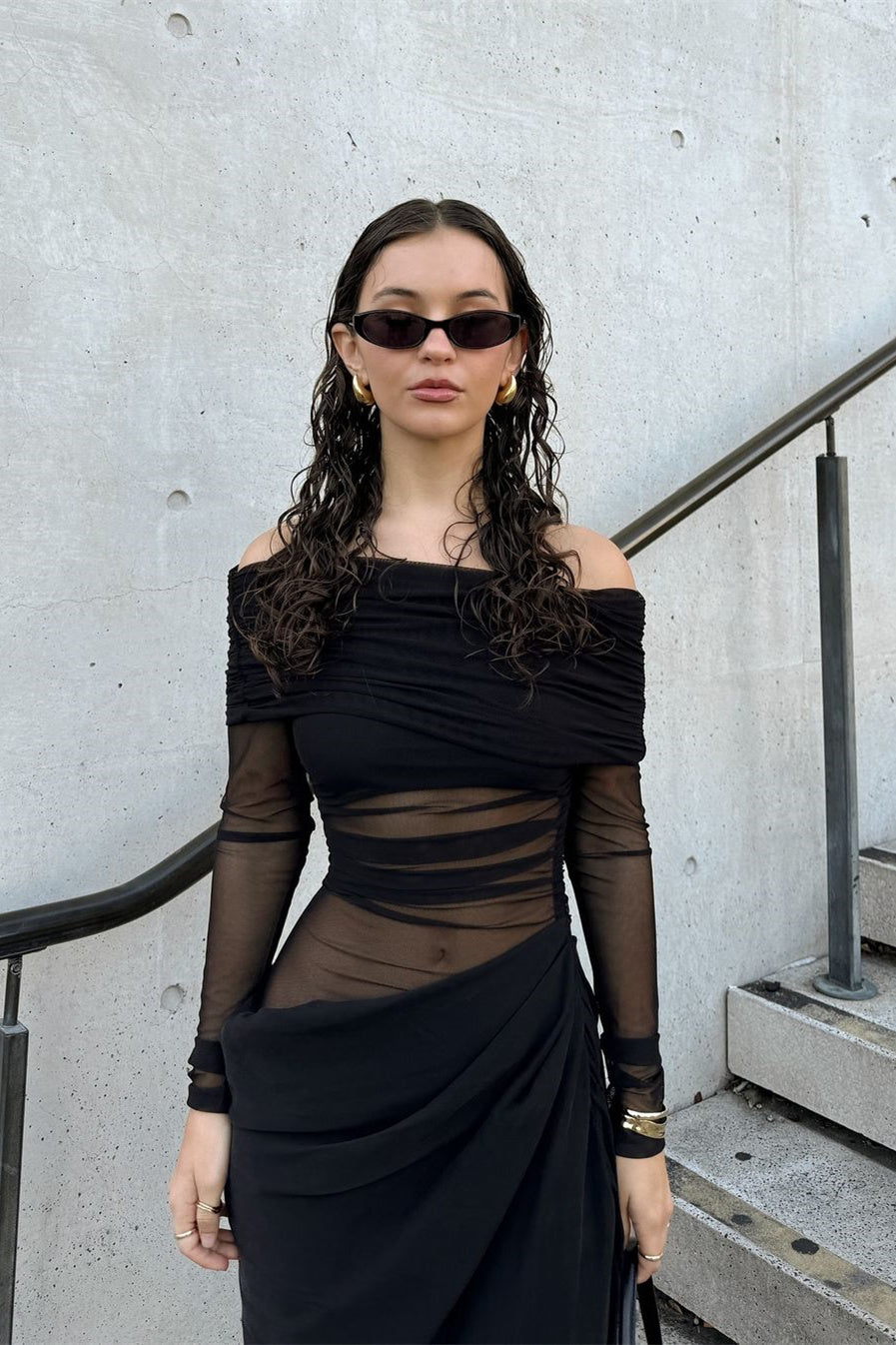 Lillian Off-Shoulder Sheer Maxi Mesh Dress