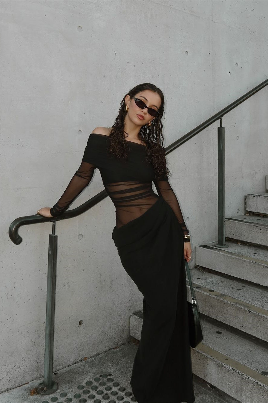 Lillian Off-Shoulder Sheer Maxi Mesh Dress