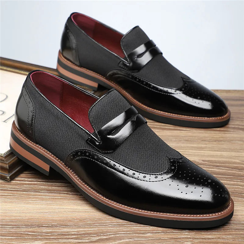 Polished Leather Loafers with Wingtip Brogue Detail
