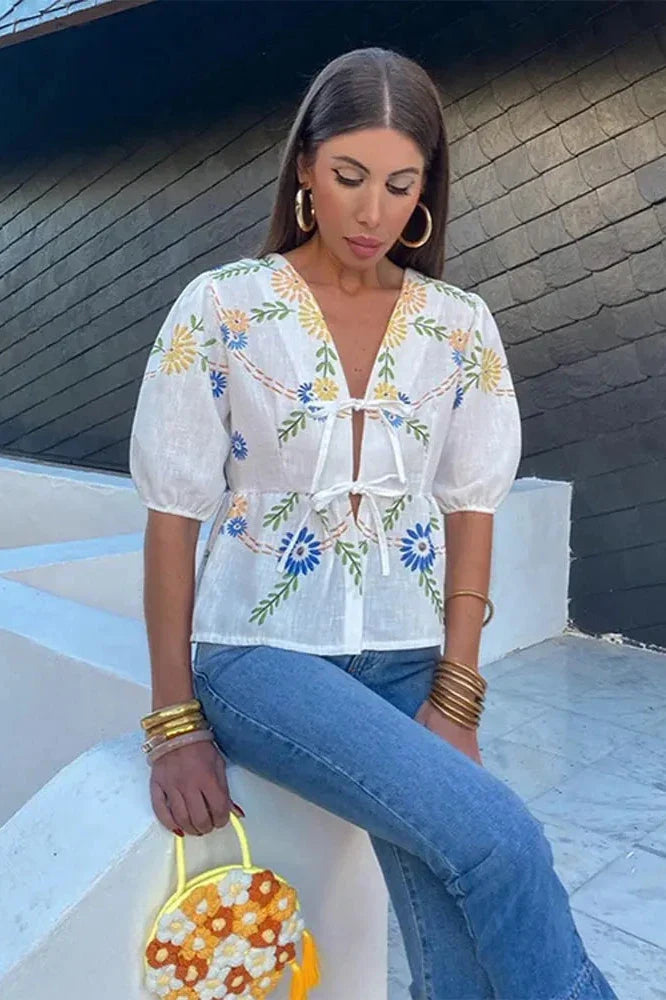 Flower Bowknot Peplum Blouse