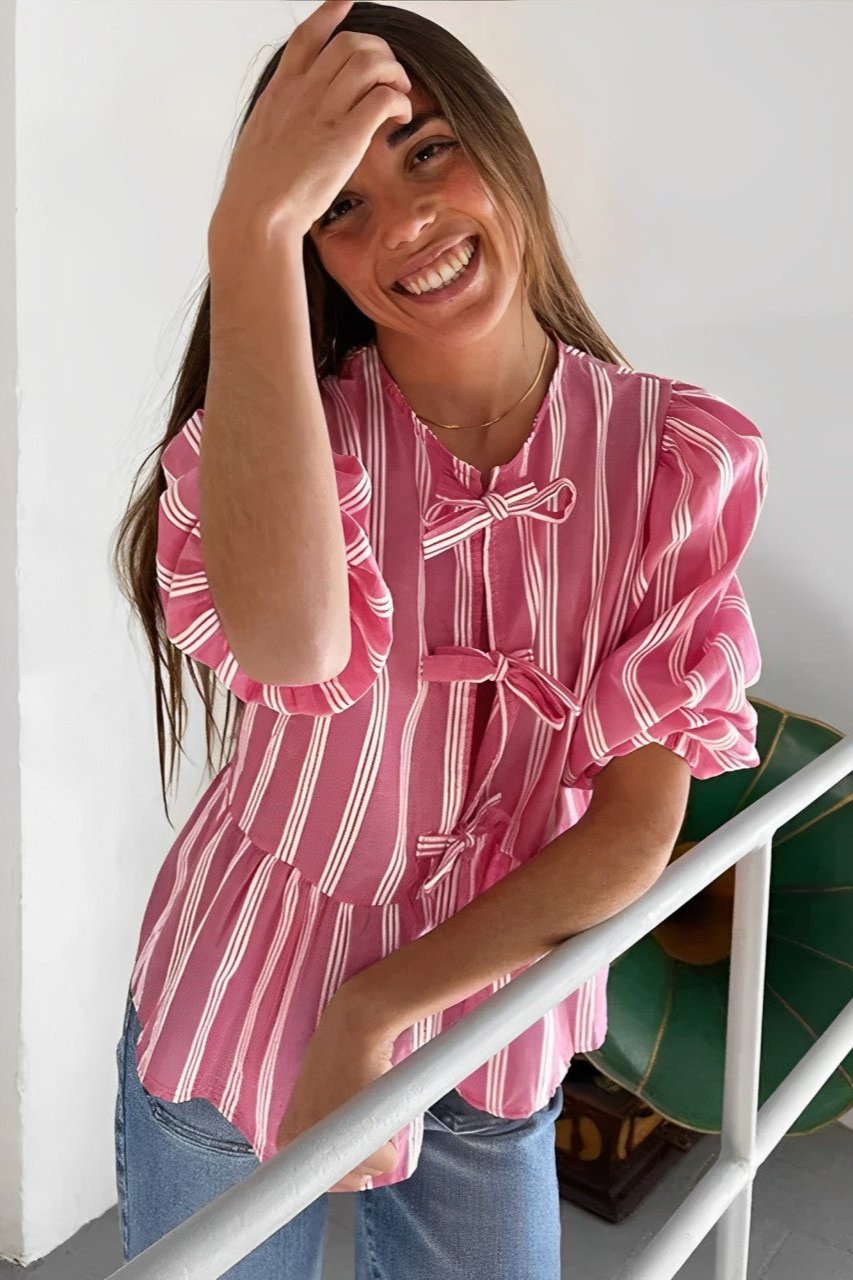 Modern Stripes Puff Sleeve Peplum Bow Ties Blouse