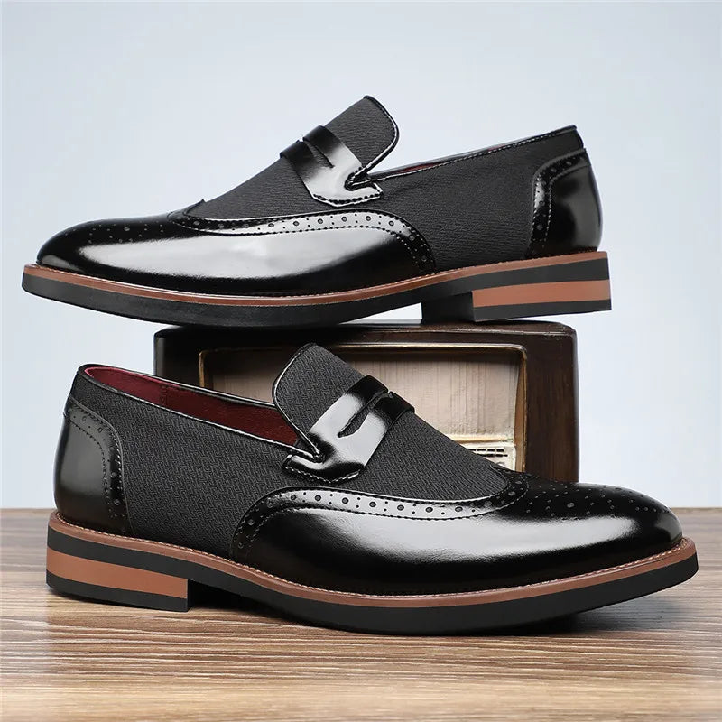 Polished Leather Loafers with Wingtip Brogue Detail