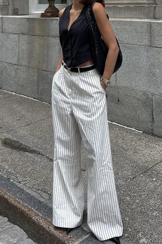 Striped Pockets Wide-Leg Trousers Without Belt