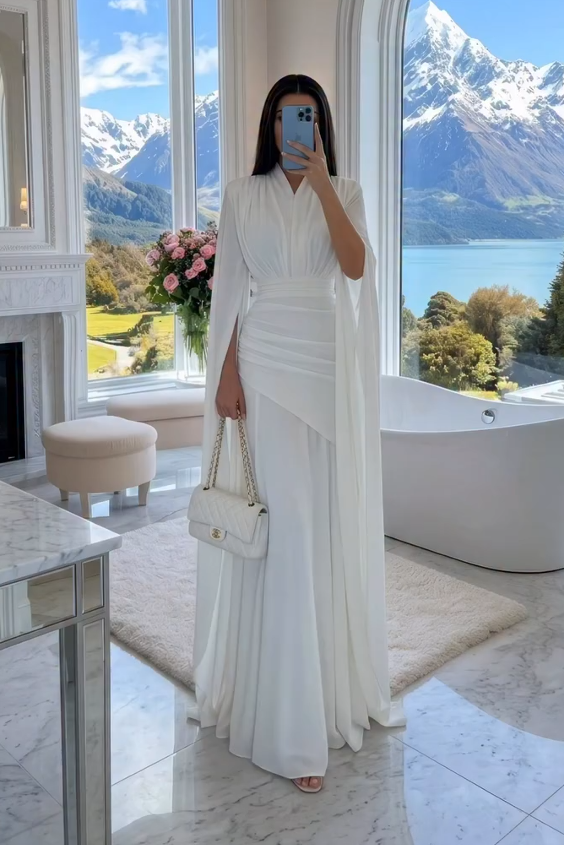 White V-Neck Cape Sleeve Ruched Waist Floor-Length Maxi-Length Dress