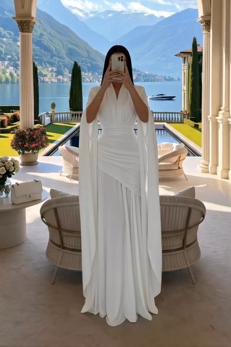 White V-Neck Cape Sleeve Ruched Waist Floor-Length Maxi-Length Dress