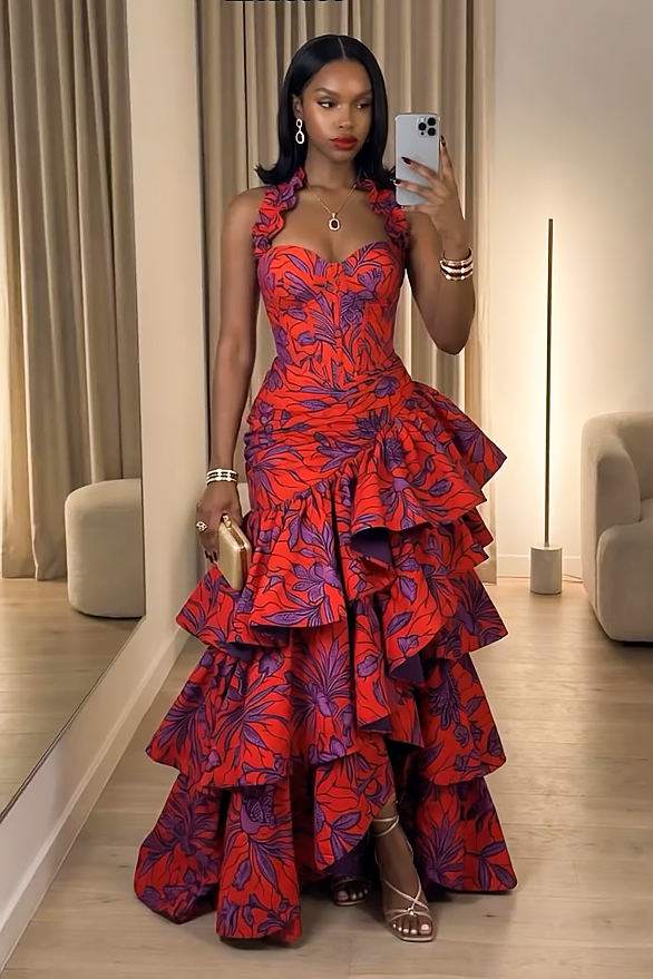 Ruffled Trim Halter Bustier Gathered Multi-Tier Maxi-Length Dress