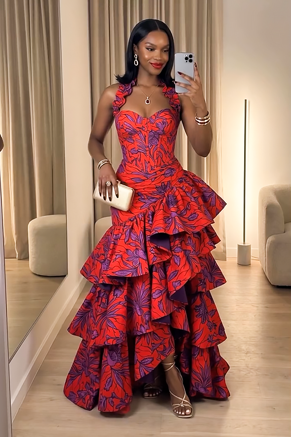Ruffled Trim Halter Bustier Gathered Multi-Tier Maxi-Length Dress