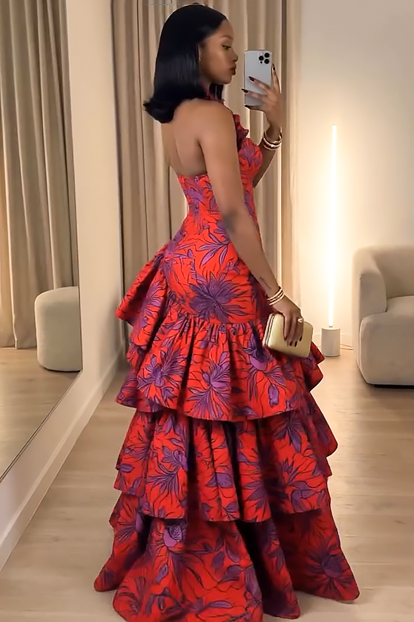 Ruffled Trim Halter Bustier Gathered Multi-Tier Maxi-Length Dress