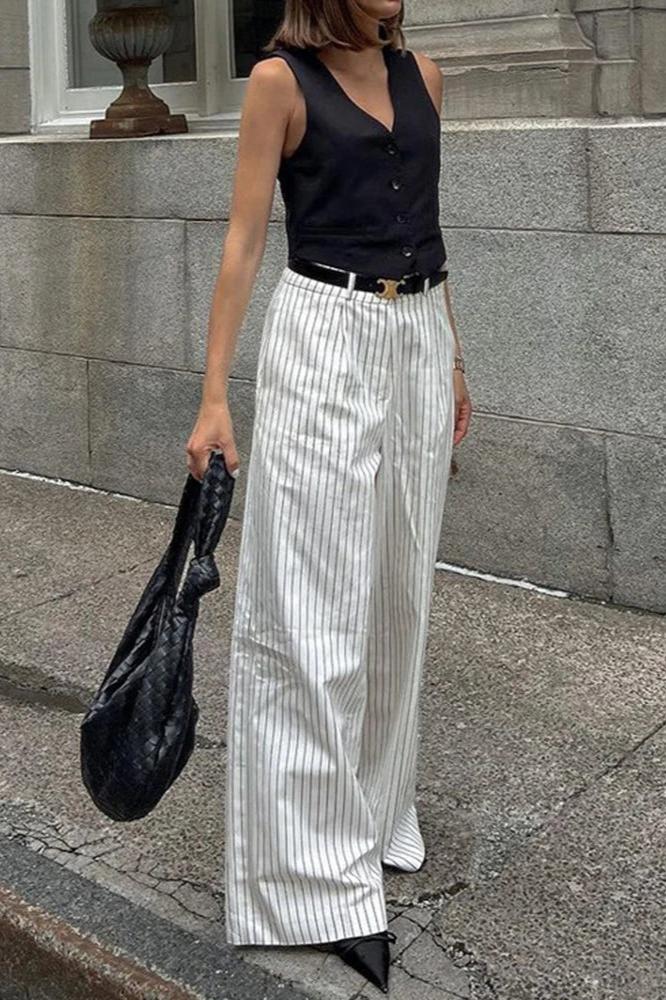 Striped Pockets Wide-Leg Trousers Without Belt