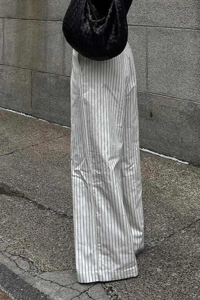 Striped Pockets Wide-Leg Trousers Without Belt