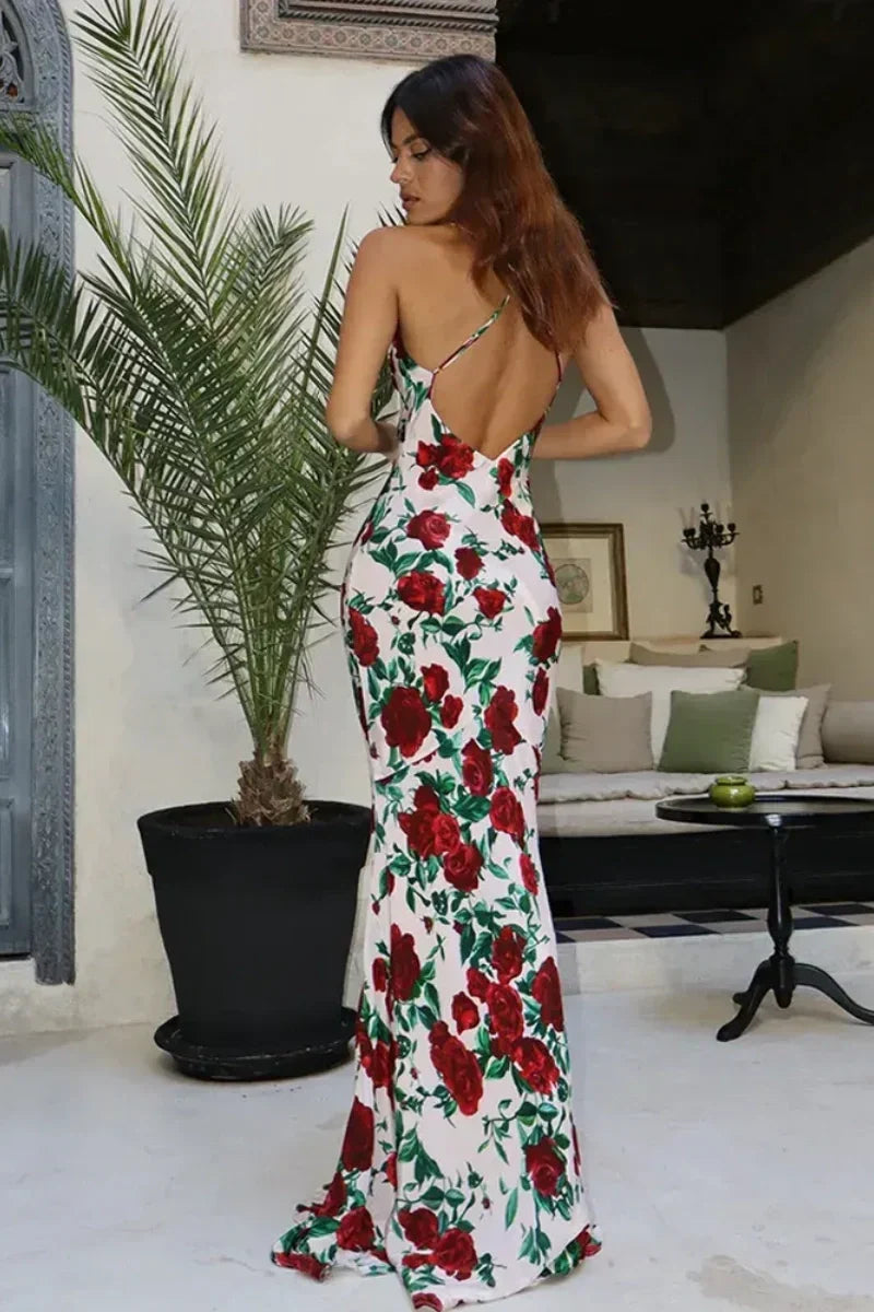 Flower Print Open-Back Maxi-Length Dress