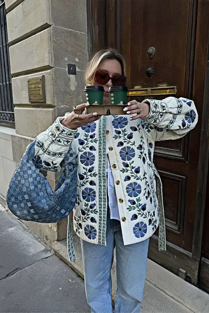 Relaxed Street Flowers Lace Up Buttons Patchwork Crew Neck Outerwear