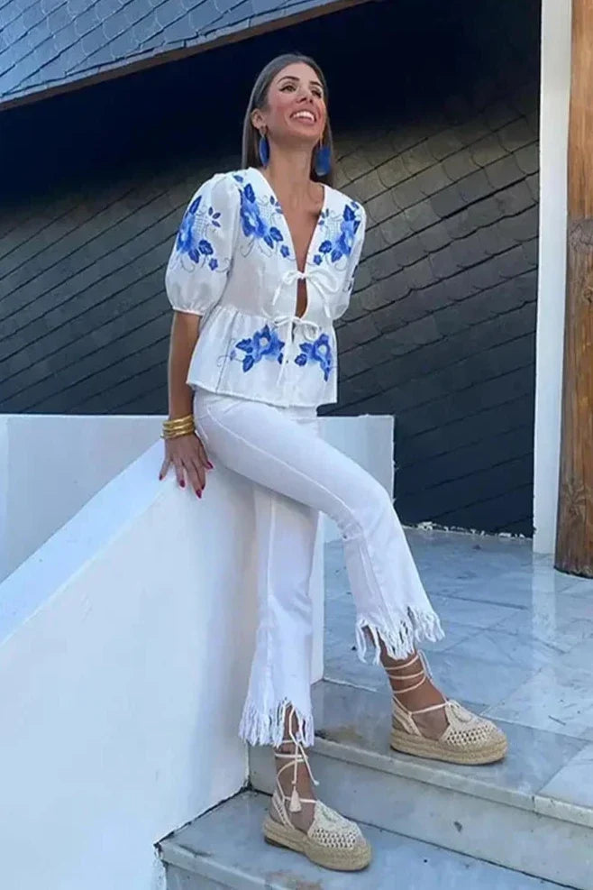 Flower Bowknot Peplum Blouse