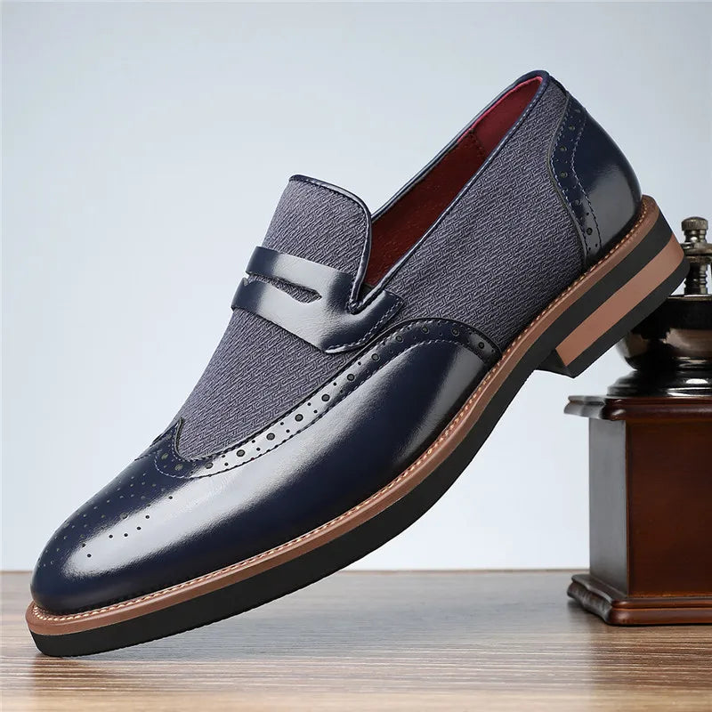 Polished Leather Loafers with Wingtip Brogue Detail