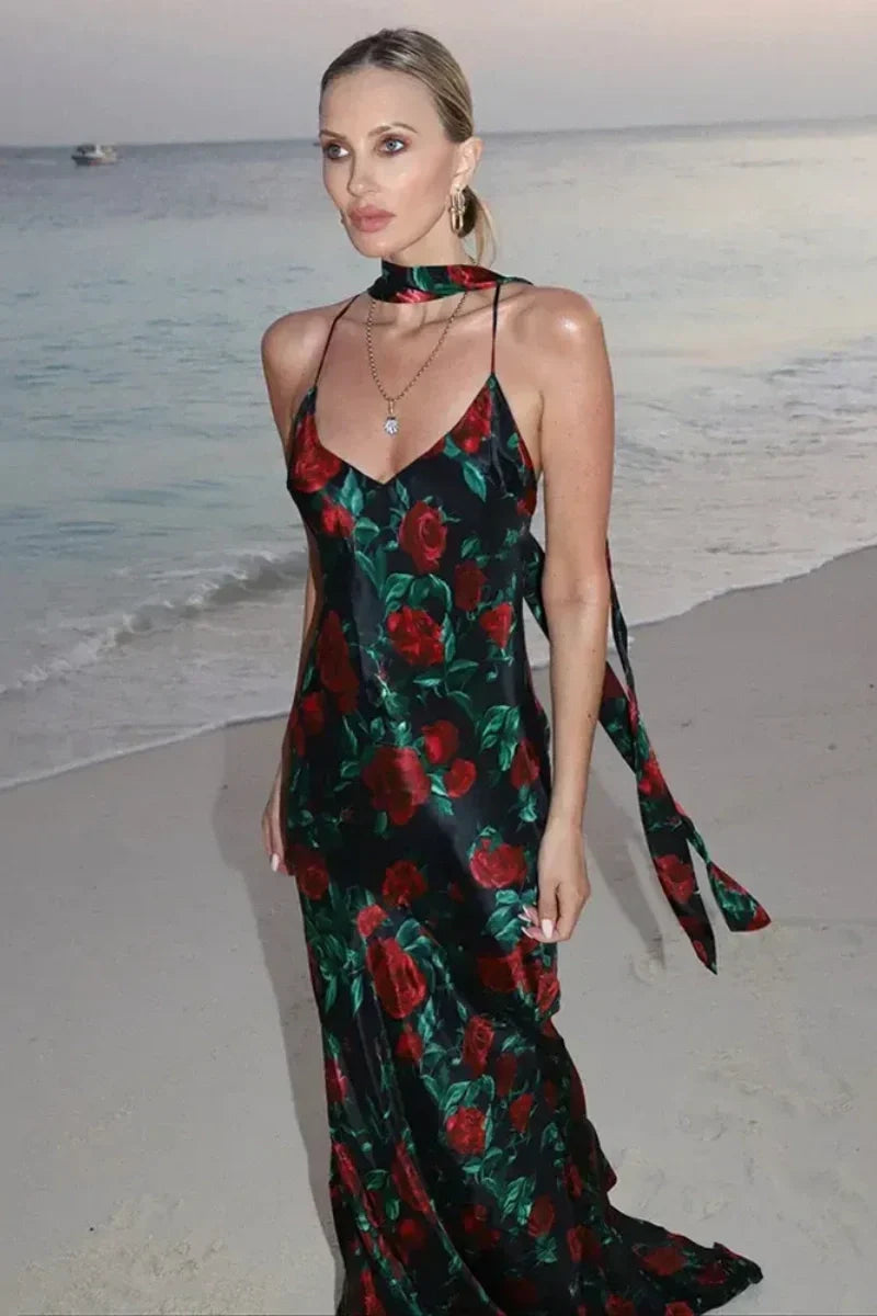 Flower Print Open-Back Maxi-Length Dress