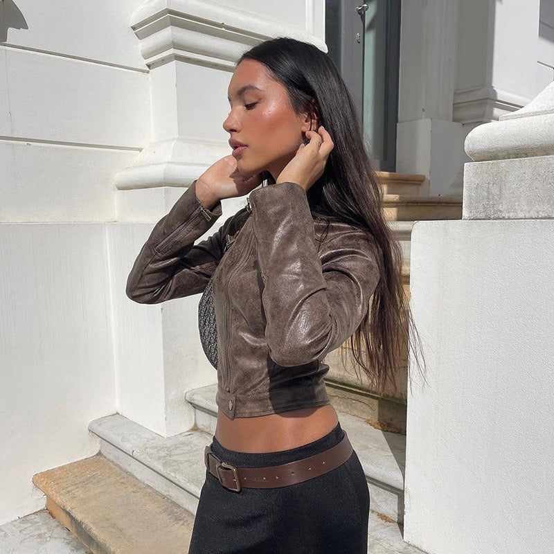Vintage Faux Leather Jacket with Zip Pockets