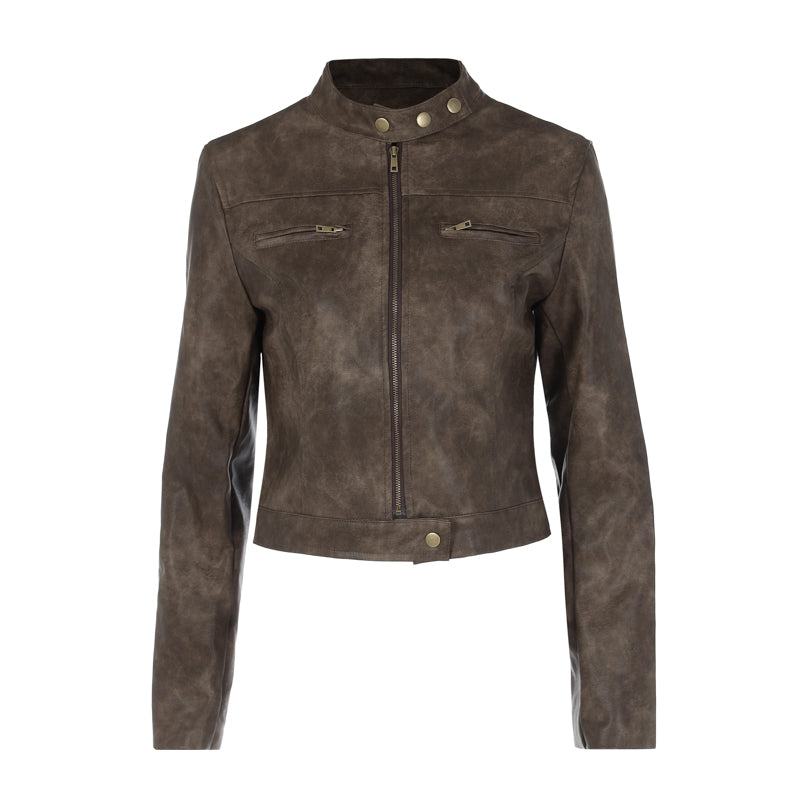 Vintage Faux Leather Jacket with Zip Pockets