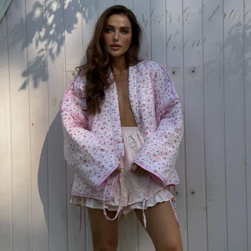 Quilted Jacket with Floral Print, Bow Details and Tie Details