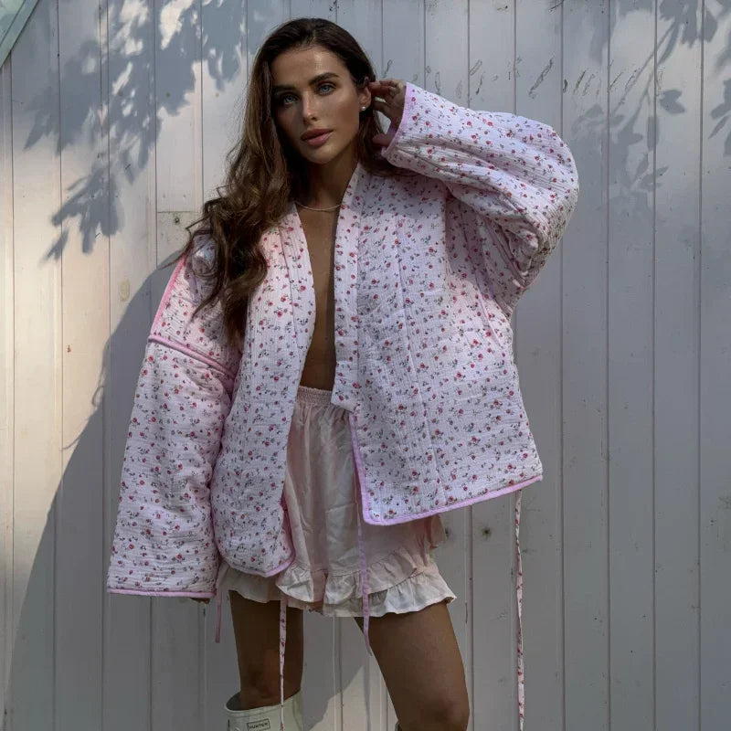 Quilted Jacket with Floral Print, Bow Details and Tie Details