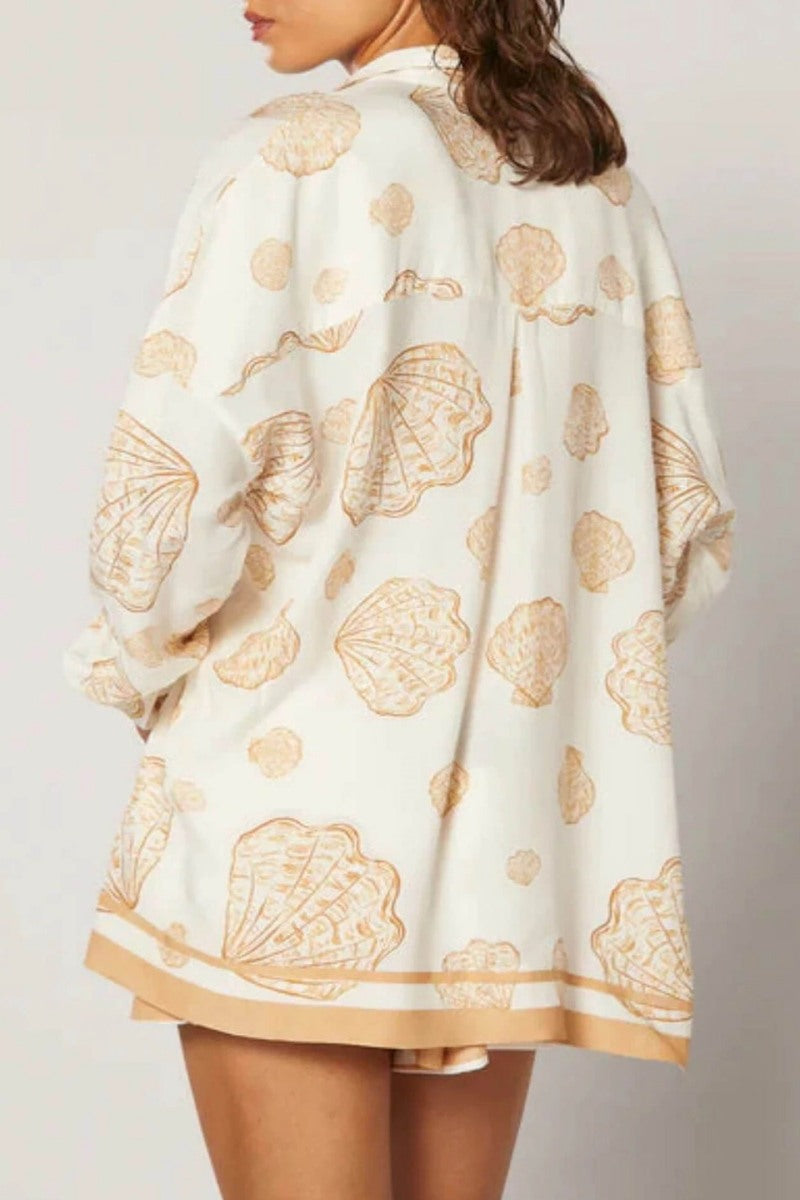 Coordinated Vacation Shell Print Elastic Band Shorts-Set